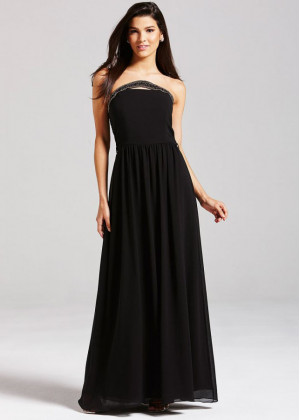 Black Chiffon Beads Strapless Long Prom Dress 